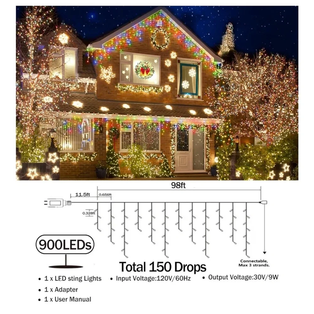 98FT Christmas Lights Outdoor Decorations 900LED Fairy String Light 12   **NEW**